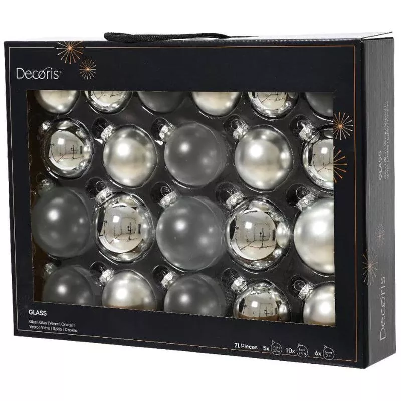 21 Pack Bauble Glass Ornaments - Silver
