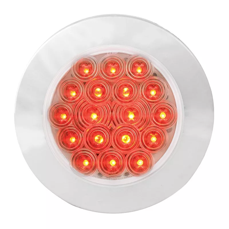 "Fleet" Red 4" round 18 diode LED stop/turn/tail light w/Twist N Lock chrome plastic bezel - flange mount, 3 prong pigtail - CLEAR lens