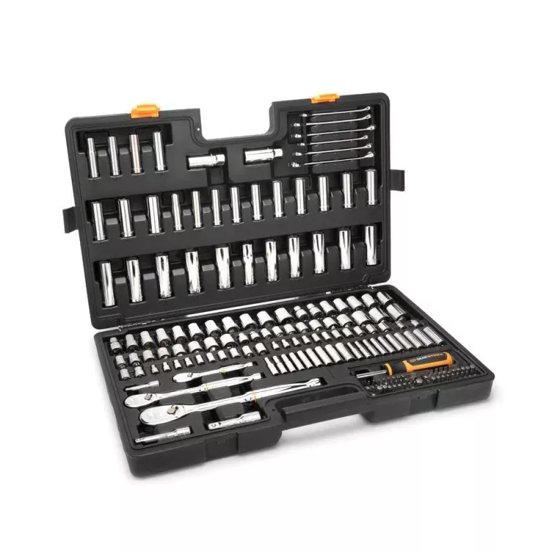 GearWrench Mechanics Tool Set GW90MCBMTS 185 Piece 90 Tooth Ratchets (1/4 3/8 1/2 Inch Drive SAE Metric Sockets Blow Mold Storage Case)